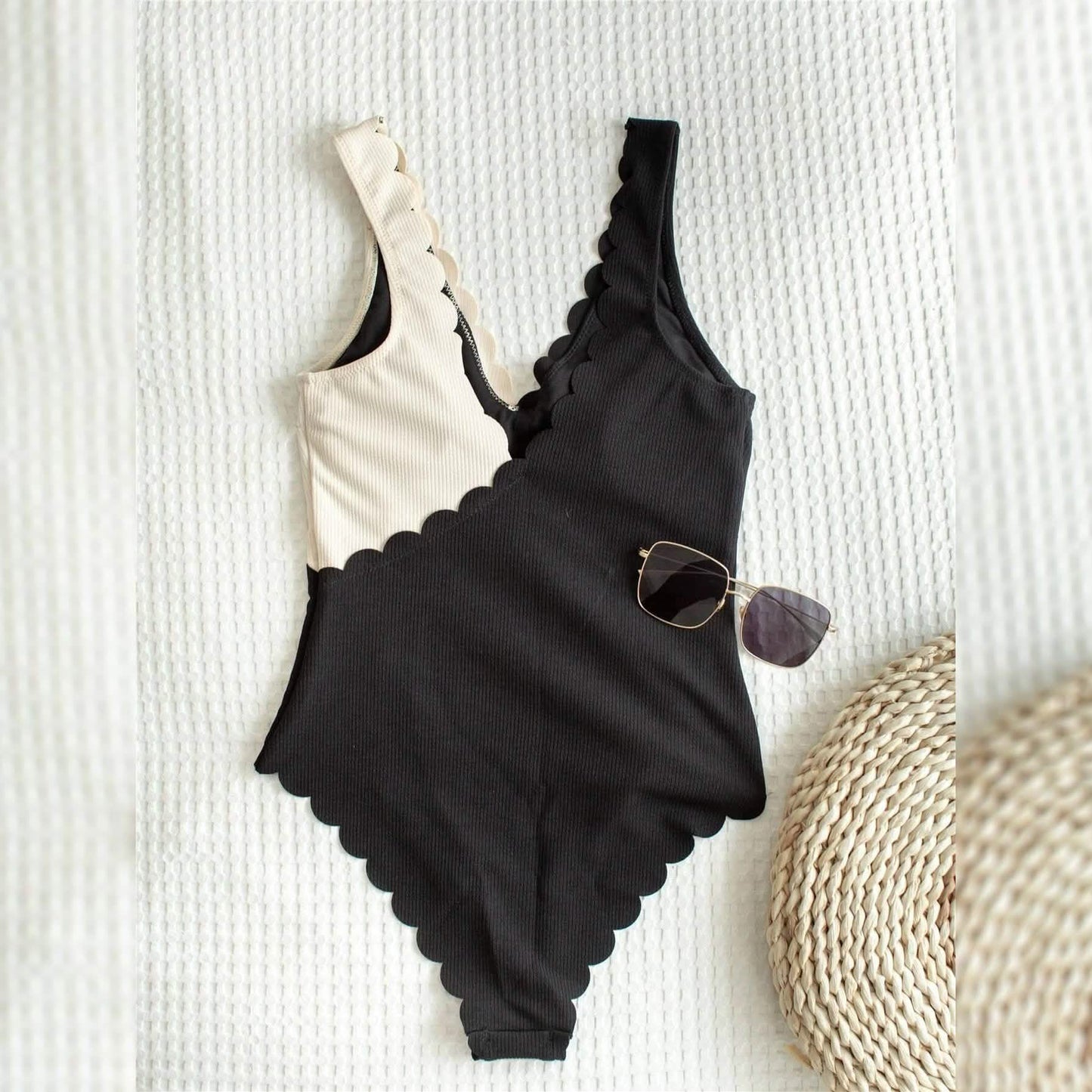 Two Tone Scallop Trim One Piece Swimsuit
