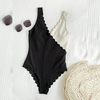 Two Tone Scallop Trim One Piece Swimsuit