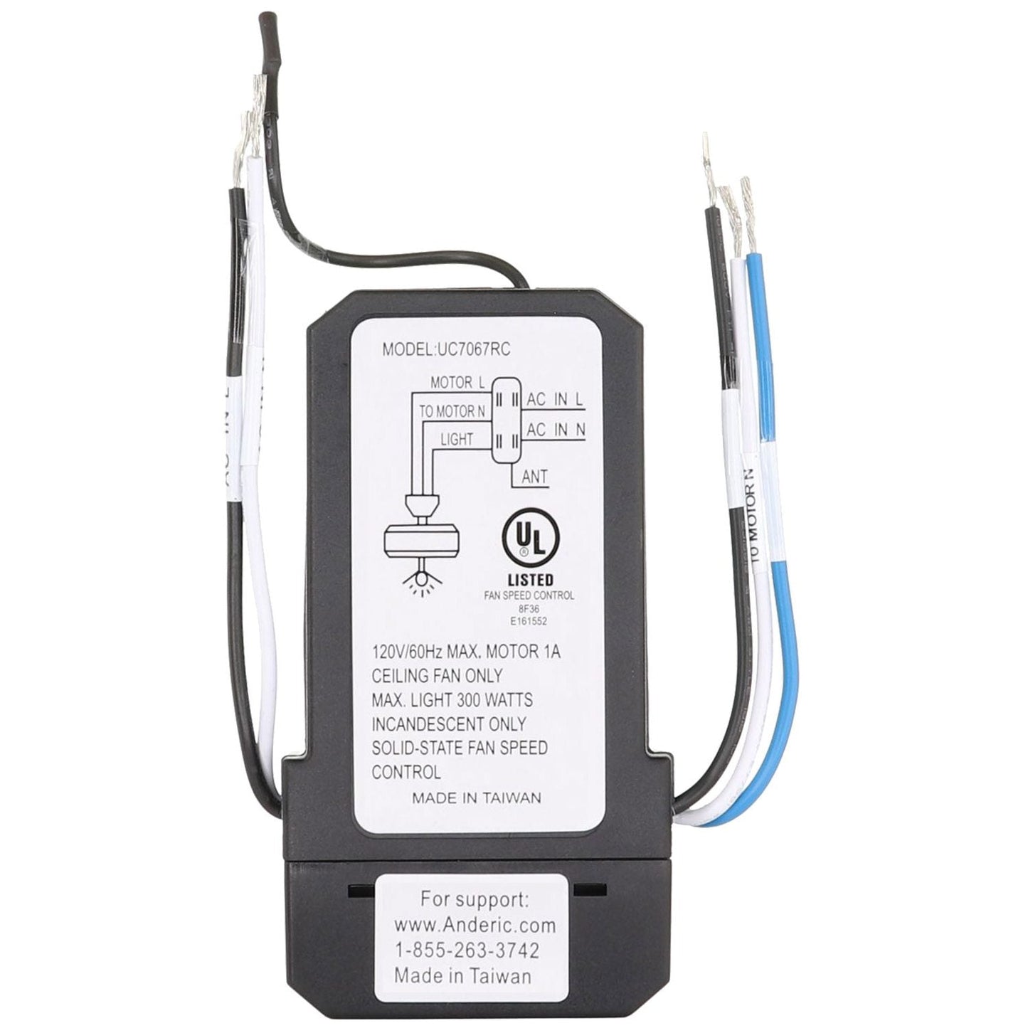 Anderic Wired Wall Switch Universal 3-Speed Ceiling Fan Remote Control Kit | UC9051T-WIRED/UC7067FMRX
