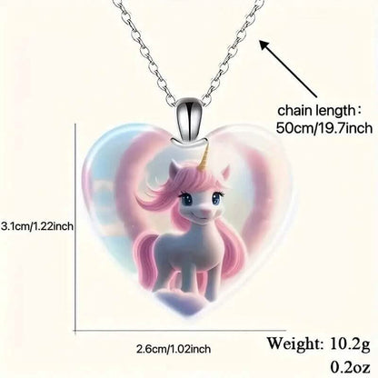 Unicorn Heart-Shaped Crystal Pendant Necklace