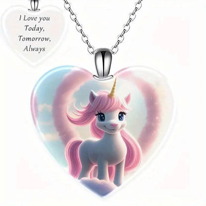 Unicorn Heart-Shaped Crystal Pendant Necklace