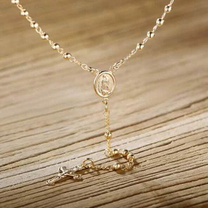 Unisex 14K Gold Virgin Mary Rosary Bead Cross Necklace 18''