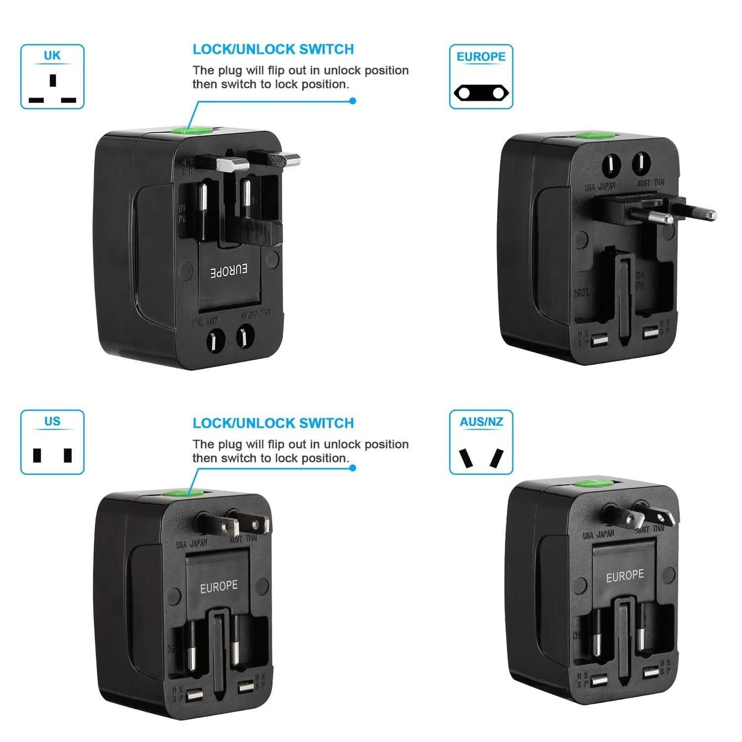 Universal Travel Adapter with 4 Interchangeable Plugs