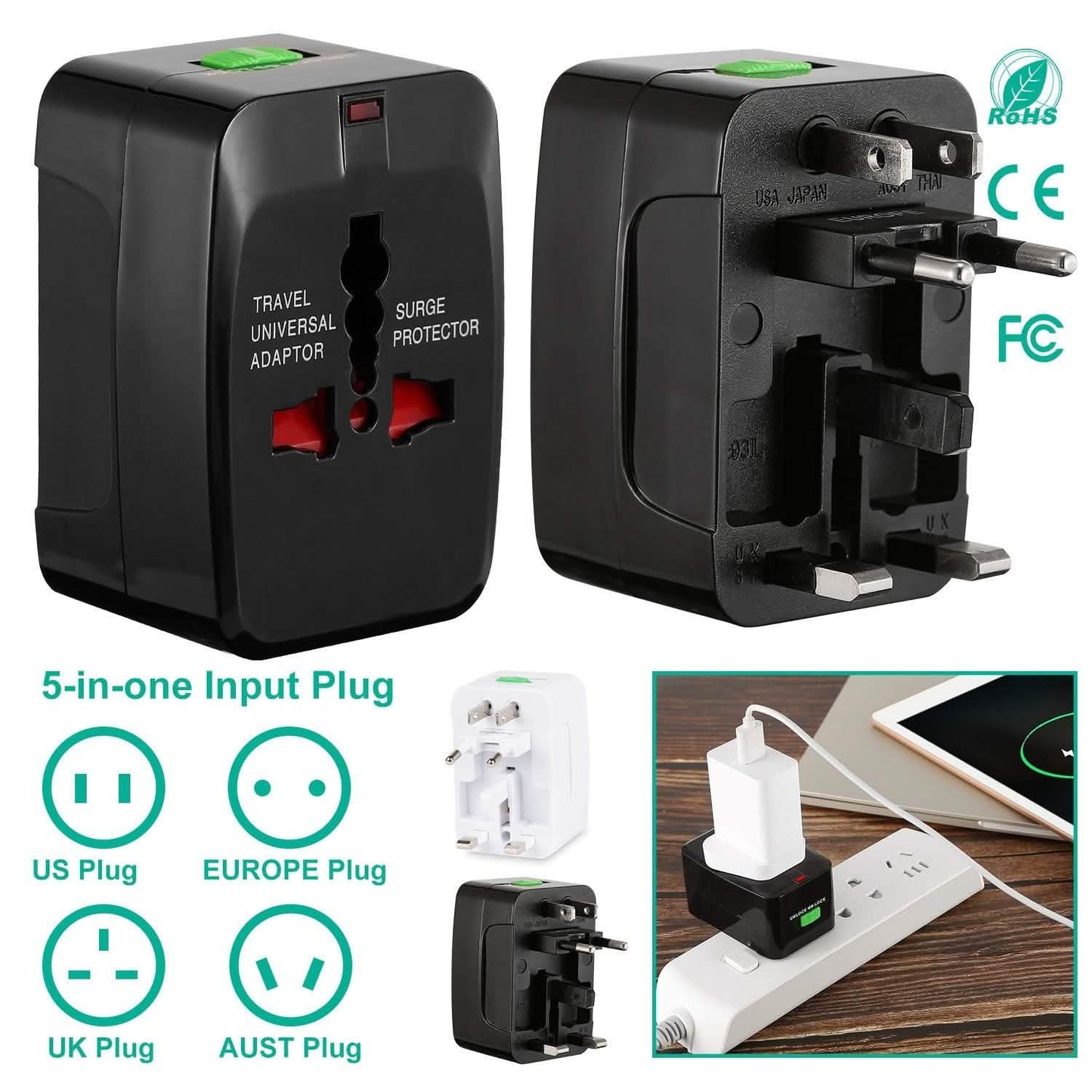 Universal Travel Adapter with 4 Interchangeable Plugs