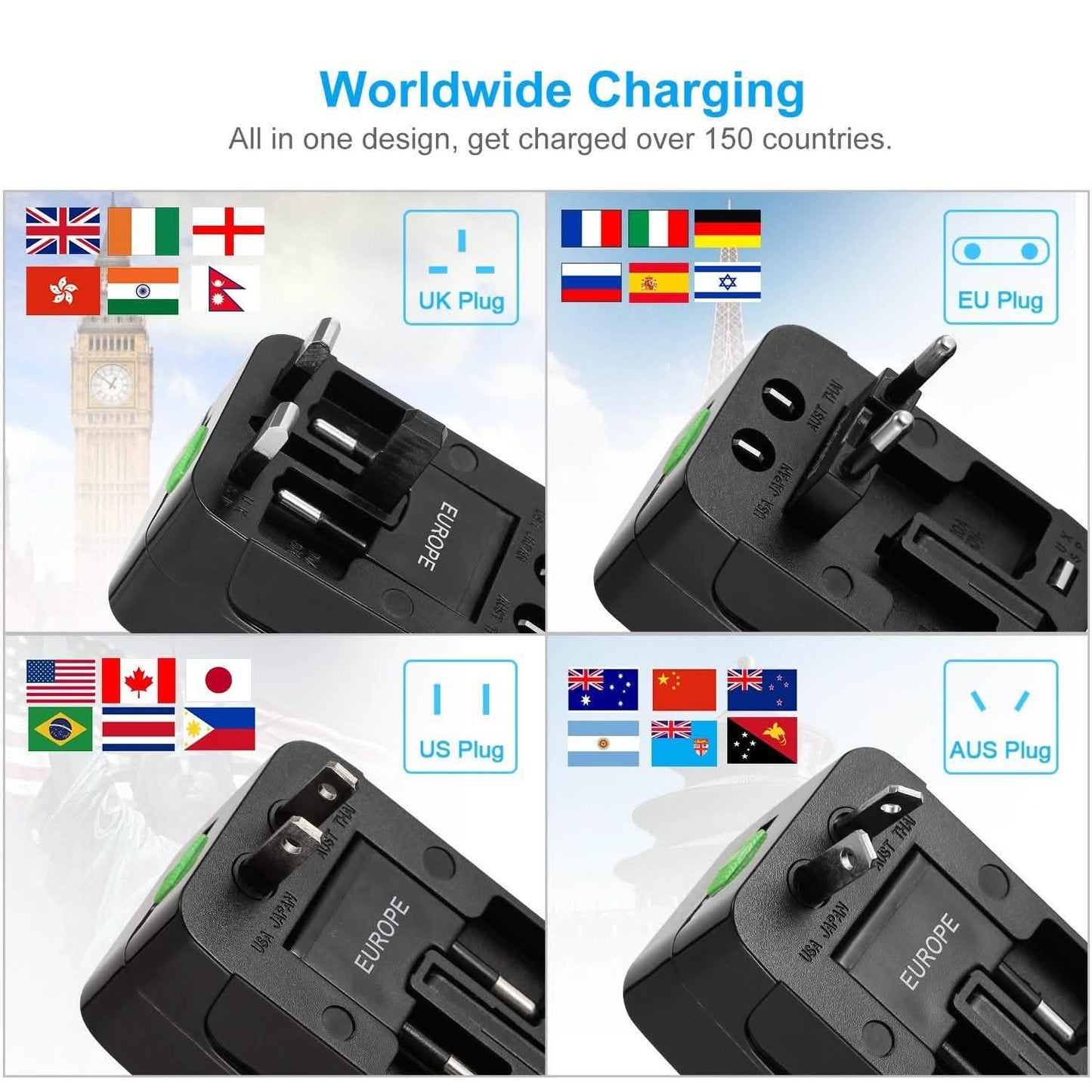 Universal Travel Adapter with 4 Interchangeable Plugs