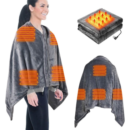 USB Heated Blanket Poncho Shawl Wrap Throw with Zipper Washable