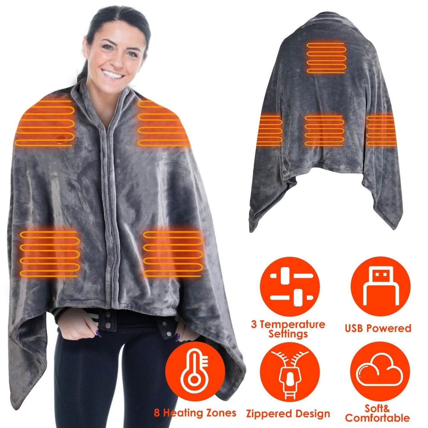 USB Heated Blanket Poncho Shawl Wrap Throw with Zipper Washable