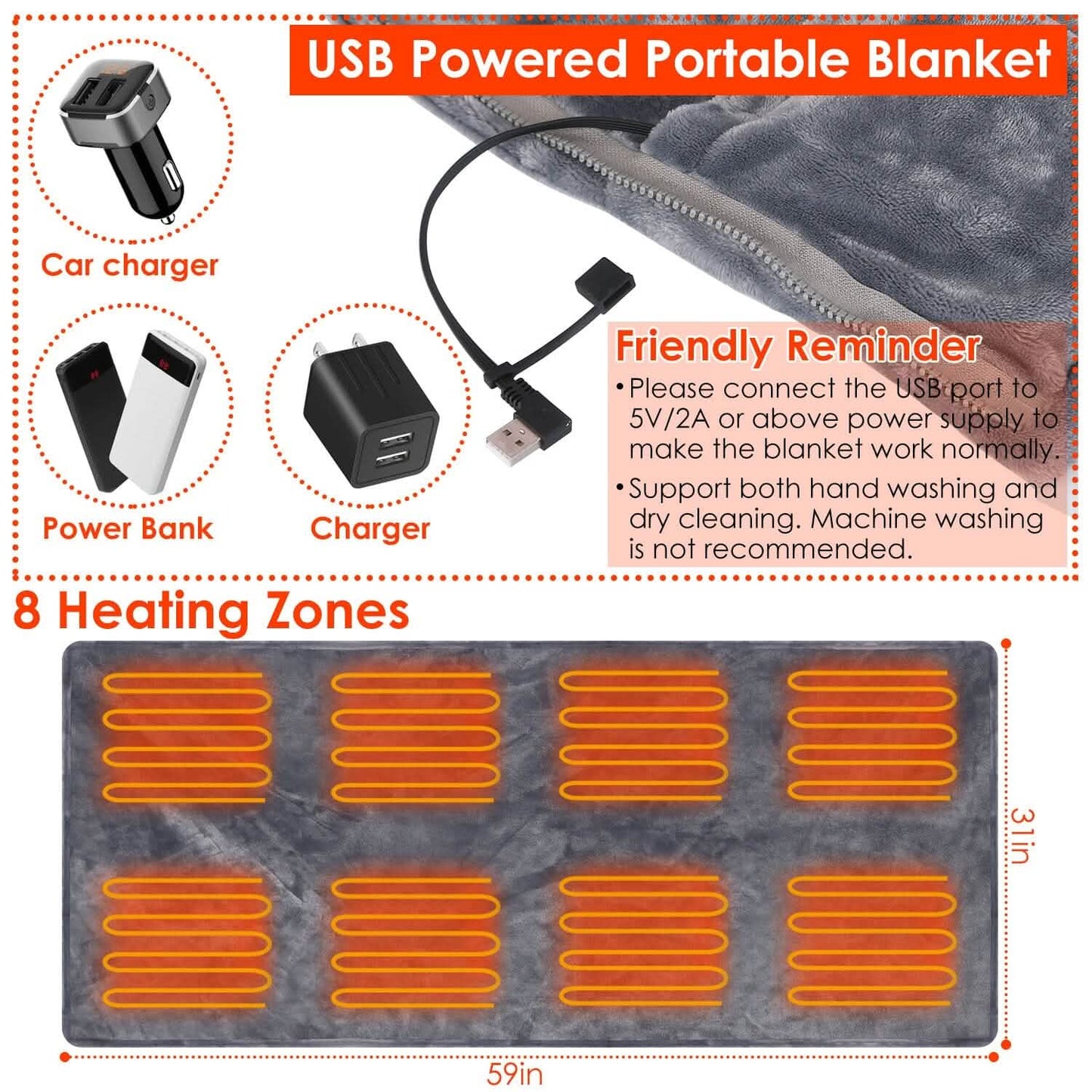 USB Heated Blanket Poncho Shawl Wrap Throw with Zipper Washable