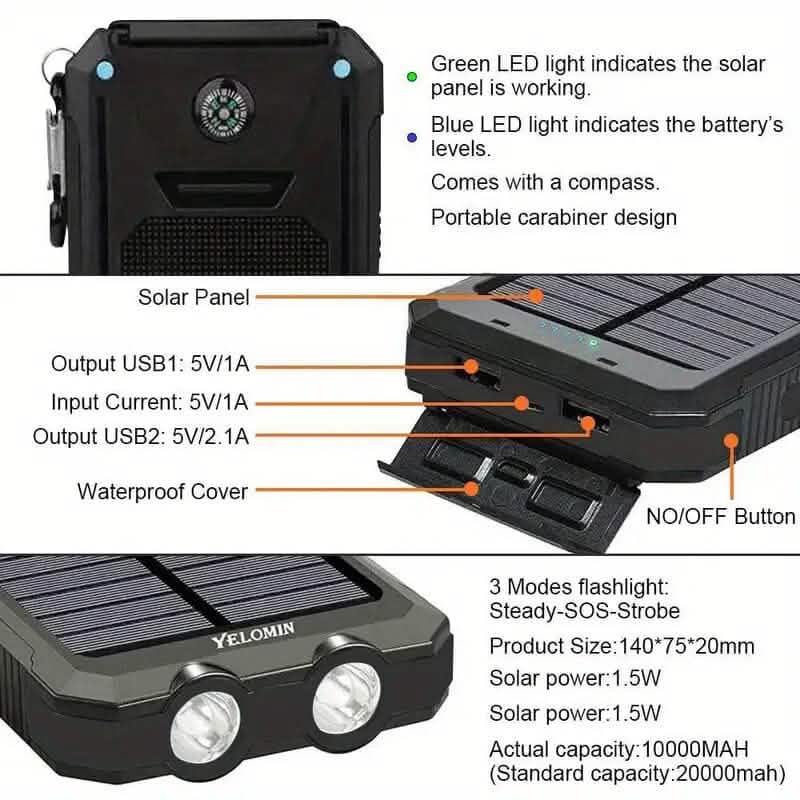 USB Portable Charger 10000mAh Solar Power Bank for Cell Phone and Laptops