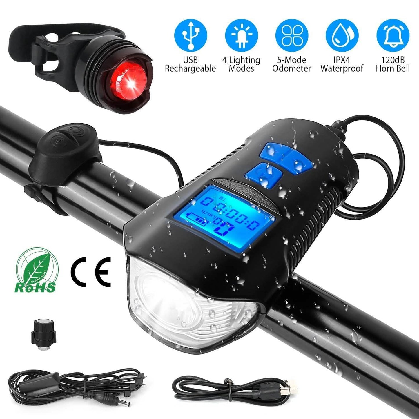 USB Rechargeable Bike Light Set with Speedometer and Odometer
