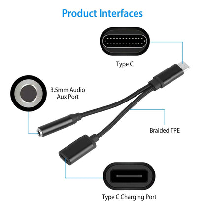USB Type-C to 3.5mm Aux Audio Charging Adapter Braided Headphone Jack Splitter Cable