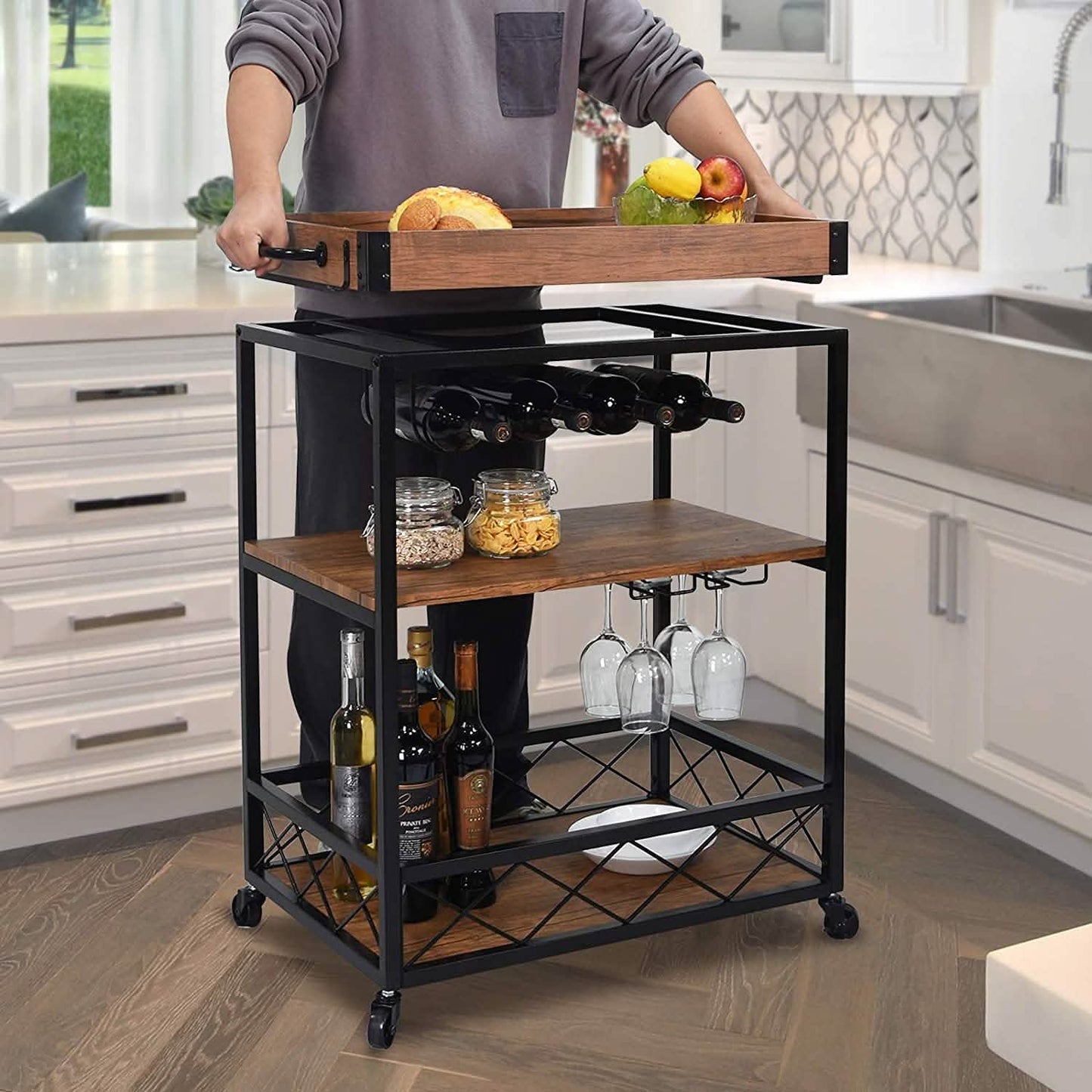 Usinso Industrial Rolling Bar Cart with 3 Tier Storage Shelves