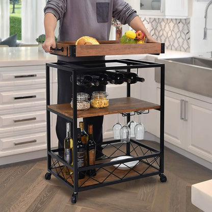 Usinso Industrial Rolling Bar Cart with 3 Tier Storage Shelves