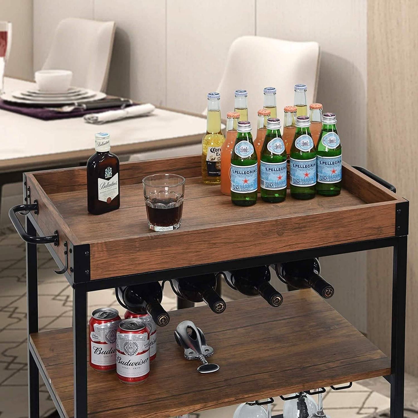 Usinso Industrial Rolling Bar Cart with 3 Tier Storage Shelves