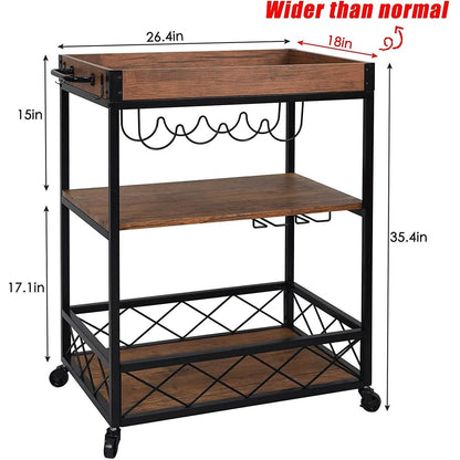 Usinso Industrial Rolling Bar Cart with 3 Tier Storage Shelves