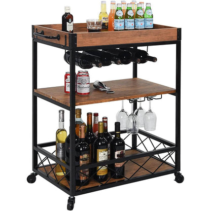 Usinso Industrial Rolling Bar Cart with 3 Tier Storage Shelves