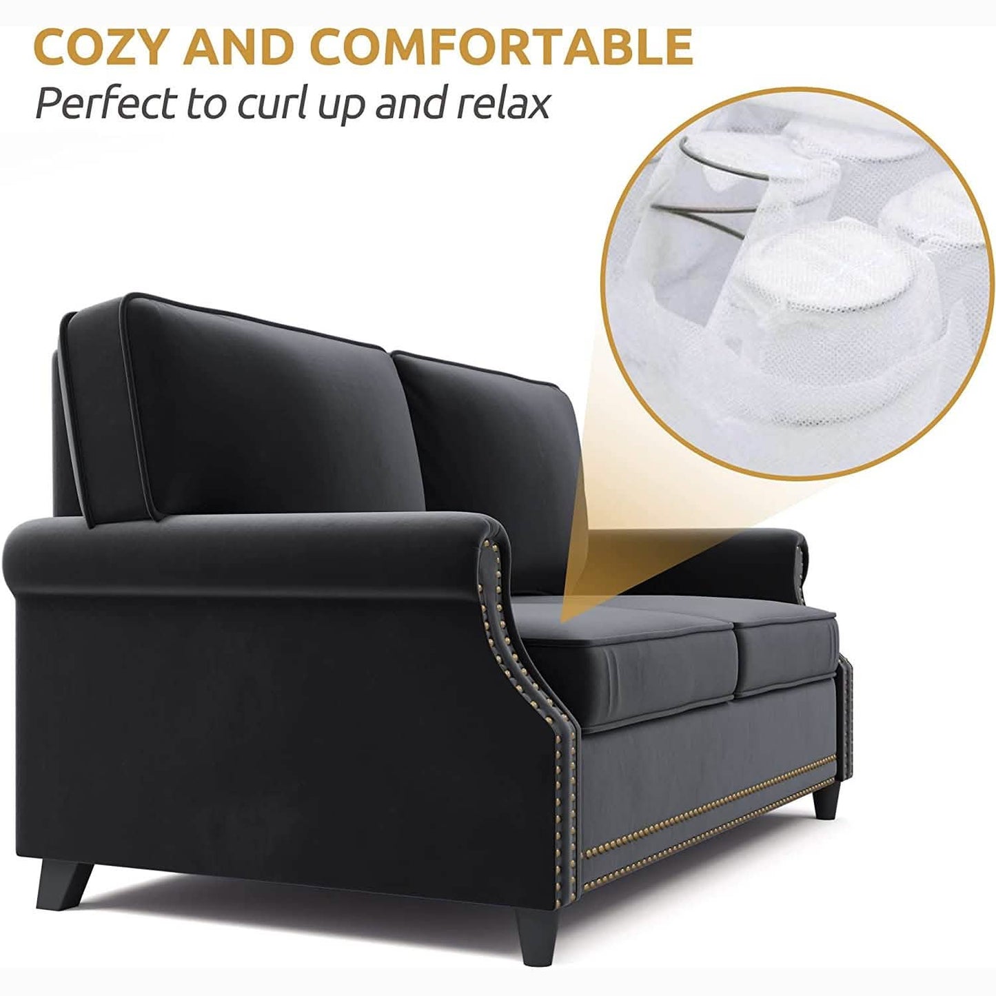Velvet Roll Up Arm Chair Loveseat with Nail Head