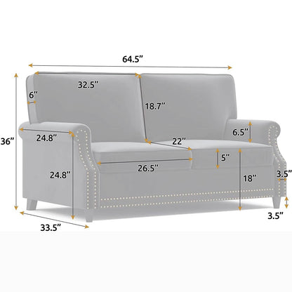 Velvet Roll Up Arm Chair Loveseat with Nail Head