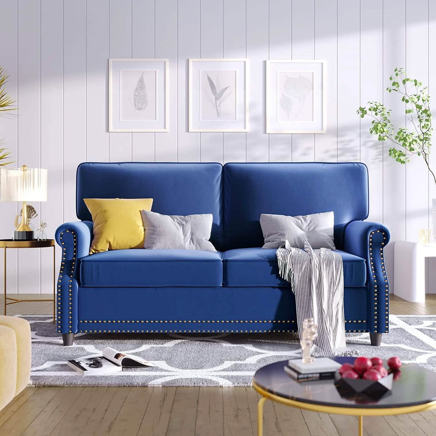 Velvet Roll Up Arm Chair Loveseat with Nail Head