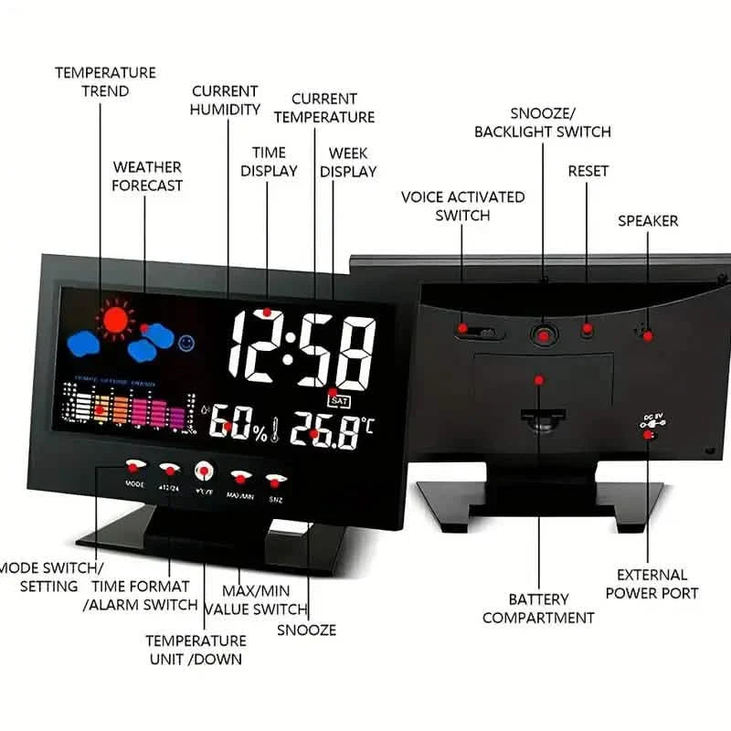 Vibrant Digital Weather Alarm Clock with Voice Control
