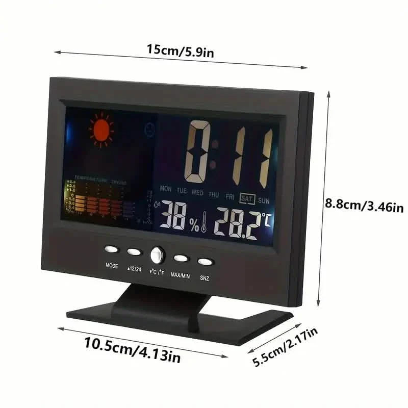 Vibrant Digital Weather Alarm Clock with Voice Control
