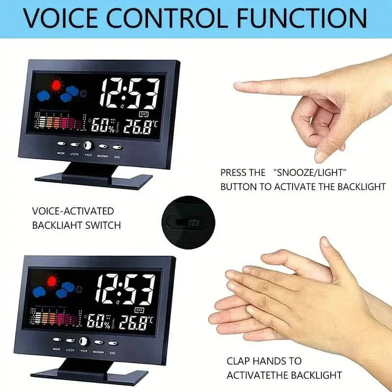Vibrant Digital Weather Alarm Clock with Voice Control