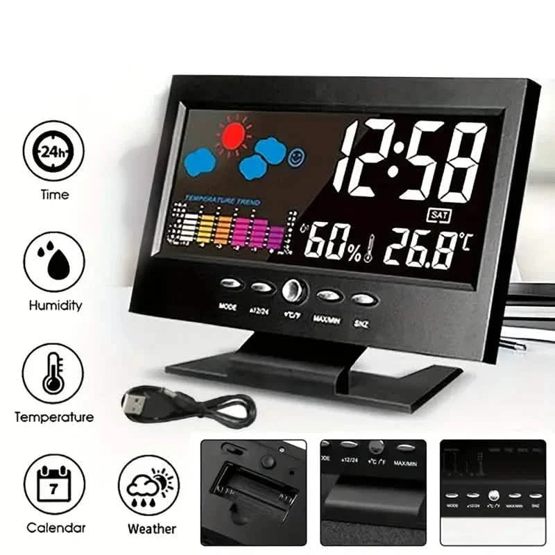 Vibrant Digital Weather Alarm Clock with Voice Control