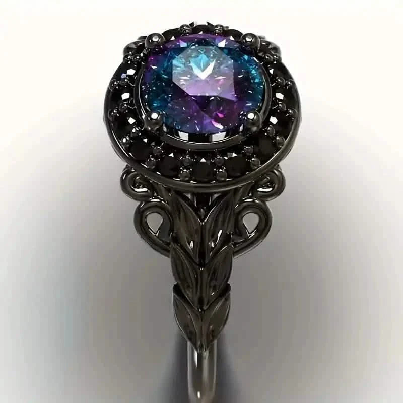 Vintage Gothic Style Synthetic Rainbow Stone Ring with Imitation Black Zirconia