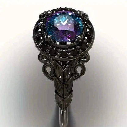 Vintage Gothic Style Synthetic Rainbow Stone Ring with Imitation Black Zirconia