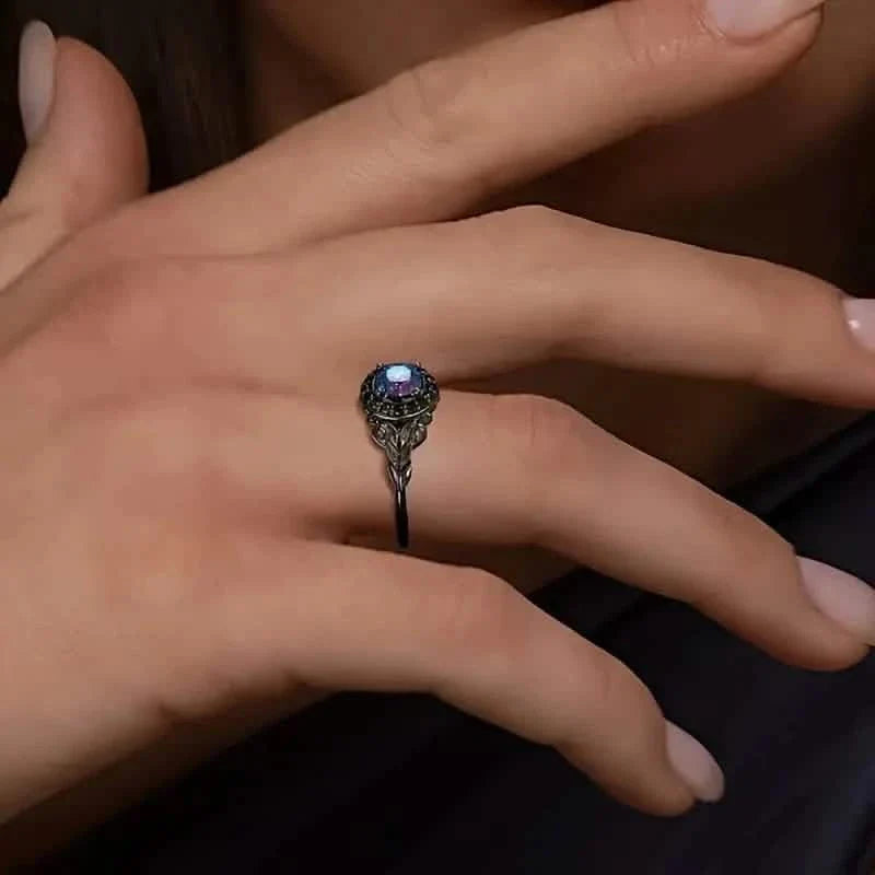 Vintage Gothic Style Synthetic Rainbow Stone Ring with Imitation Black Zirconia