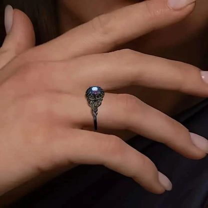 Vintage Gothic Style Synthetic Rainbow Stone Ring with Imitation Black Zirconia