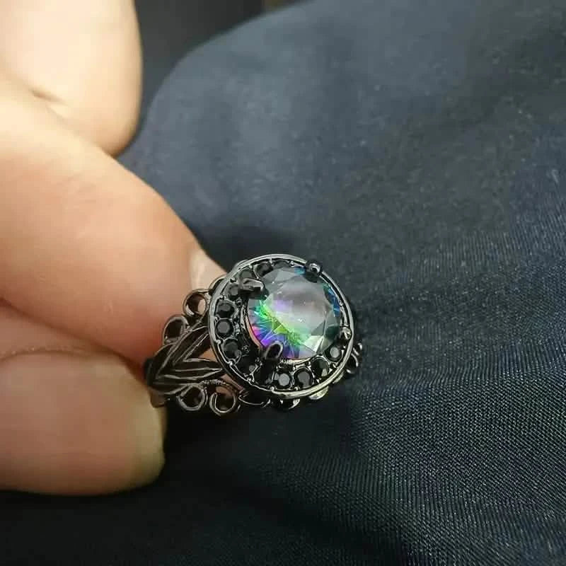 Vintage Gothic Style Synthetic Rainbow Stone Ring with Imitation Black Zirconia