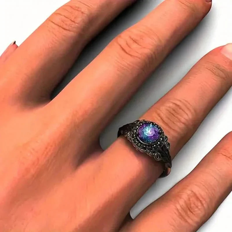 Vintage Gothic Style Synthetic Rainbow Stone Ring with Imitation Black Zirconia