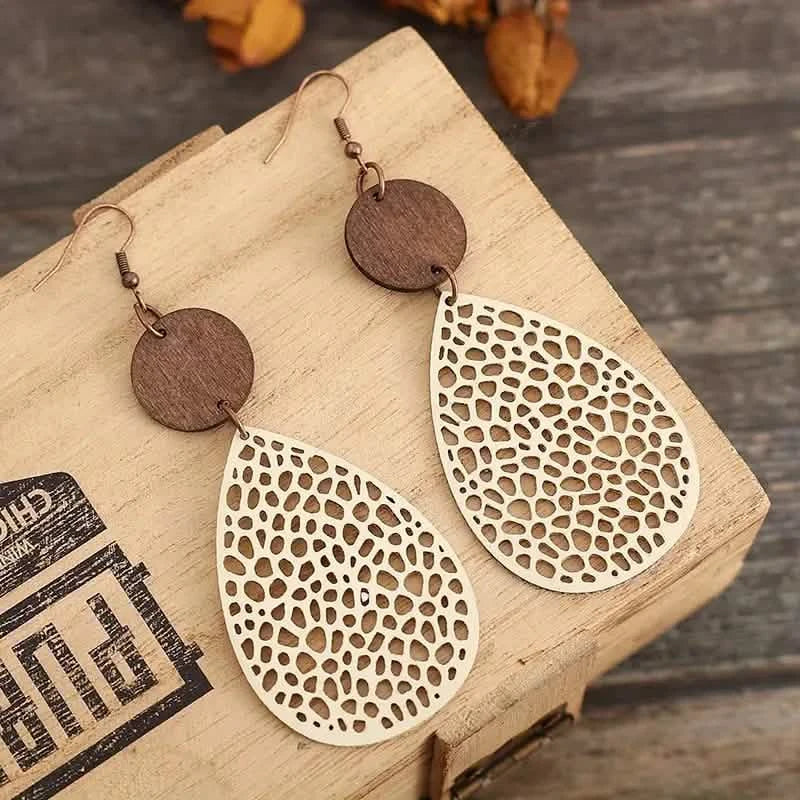 Vintage Hollow Leaf Shape PU Leather Earrings