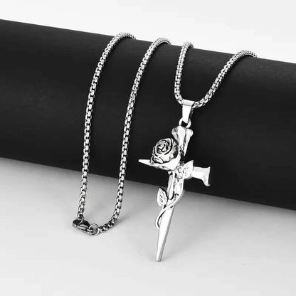 Vintage-Inspired Men's Titanium Steel Pendant Necklace - Unique Keel Chain Design with Cross and Rose Accents