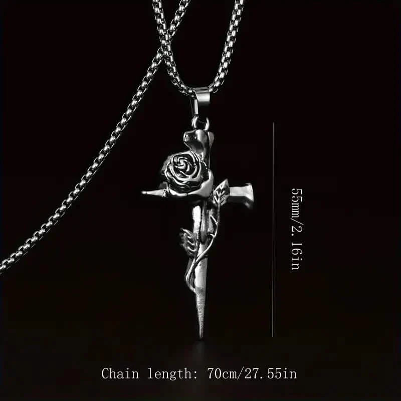Vintage-Inspired Men's Titanium Steel Pendant Necklace - Unique Keel Chain Design with Cross and Rose Accents