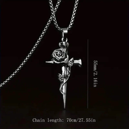 Vintage-Inspired Men's Titanium Steel Pendant Necklace - Unique Keel Chain Design with Cross and Rose Accents