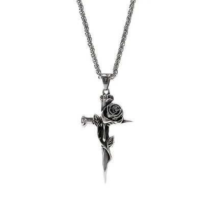 Vintage-Inspired Men's Titanium Steel Pendant Necklace - Unique Keel Chain Design with Cross and Rose Accents