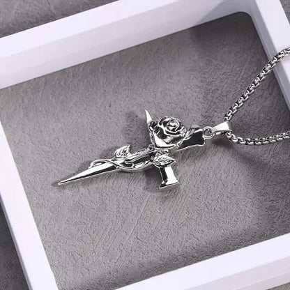 Vintage-Inspired Men's Titanium Steel Pendant Necklace - Unique Keel Chain Design with Cross and Rose Accents
