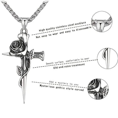 Vintage-Inspired Men's Titanium Steel Pendant Necklace - Unique Keel Chain Design with Cross and Rose Accents