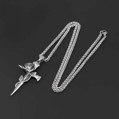 Vintage-Inspired Men's Titanium Steel Pendant Necklace - Unique Keel Chain Design with Cross and Rose Accents