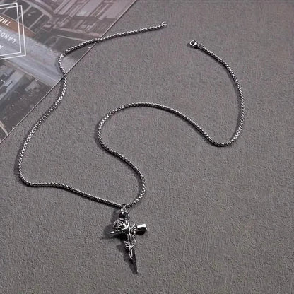 Vintage-Inspired Men's Titanium Steel Pendant Necklace - Unique Keel Chain Design with Cross and Rose Accents