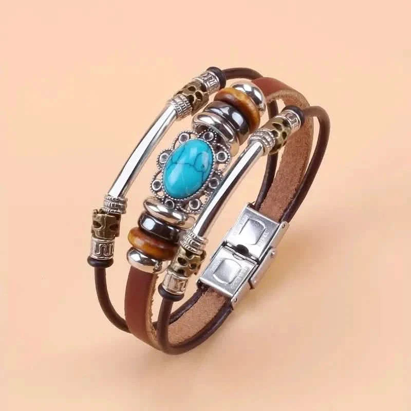Vintage Style Green Turquoise Beaded PU Leather Stainless Steel Buckle Bracelet
