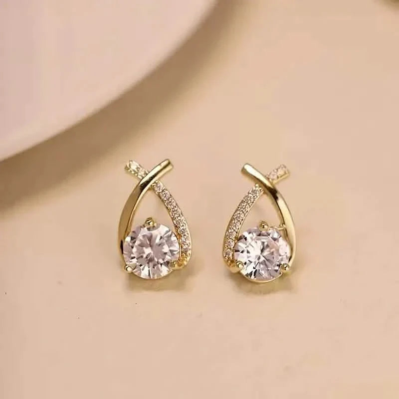 Vintage Style Stud Earrings - Embellished with Rhinestones, Cross Line Design