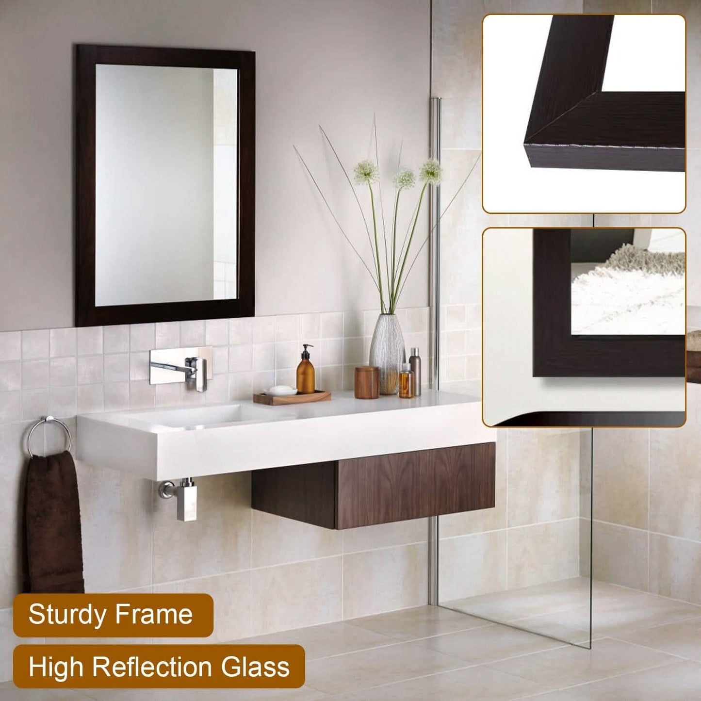 Wall Mount Mirror Wood-Like Frame Rectangle Modern Hanging Mirror