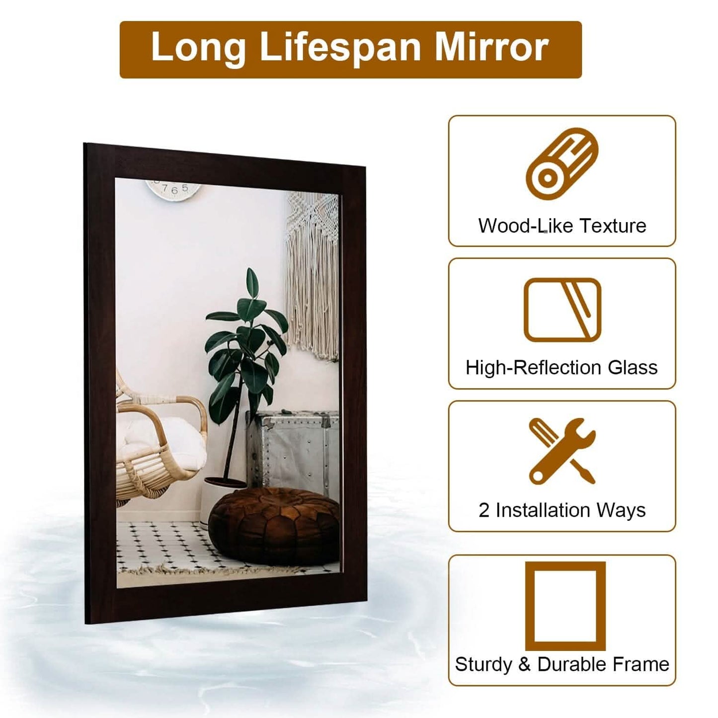Wall Mount Mirror Wood-Like Frame Rectangle Modern Hanging Mirror