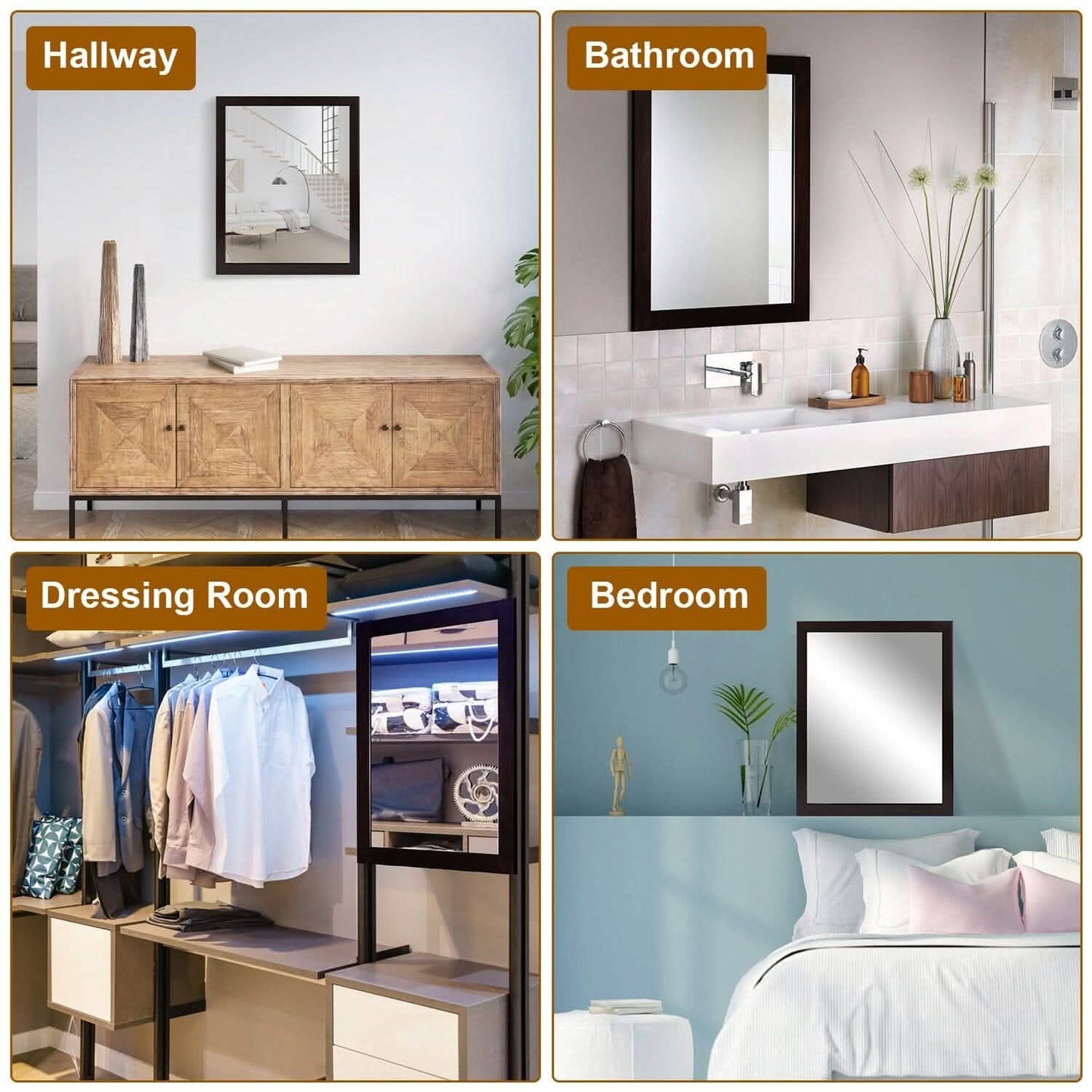 Wall Mount Mirror Wood-Like Frame Rectangle Modern Hanging Mirror