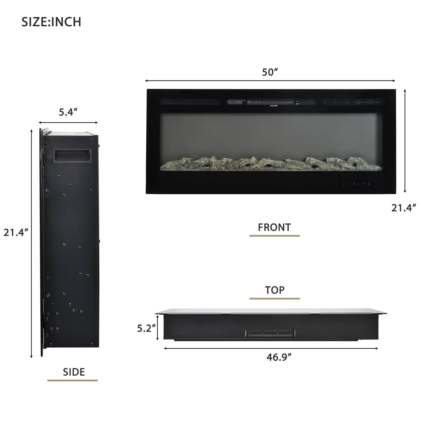 Wall-Mounted Recessed Electronic Fireplace - 50 Inch
