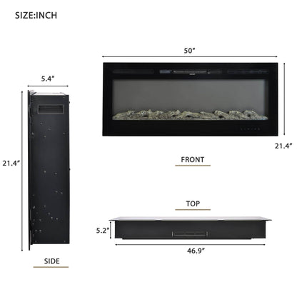 Wall-Mounted Recessed Electronic Fireplace - 50 Inch