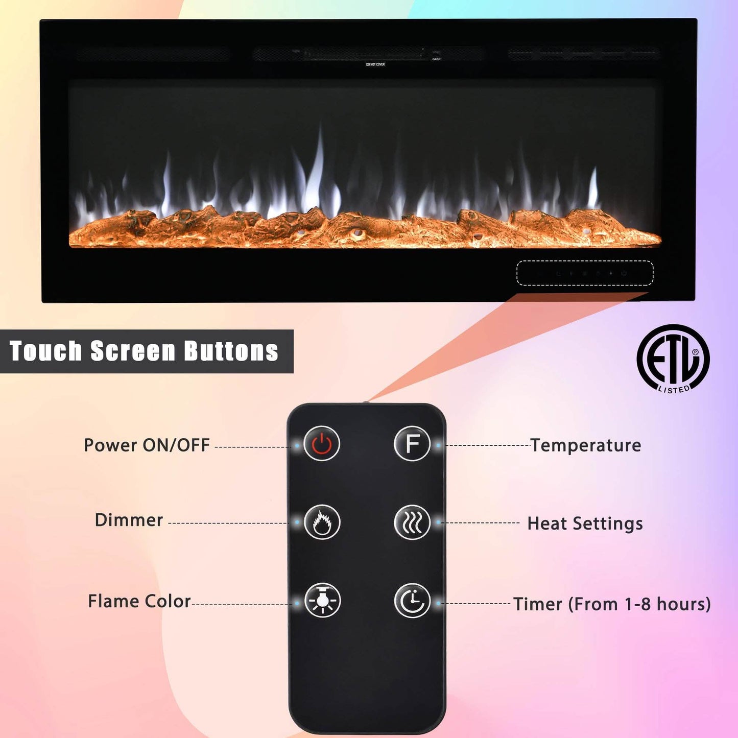 Wall-Mounted Recessed Electronic Fireplace - 50 Inch